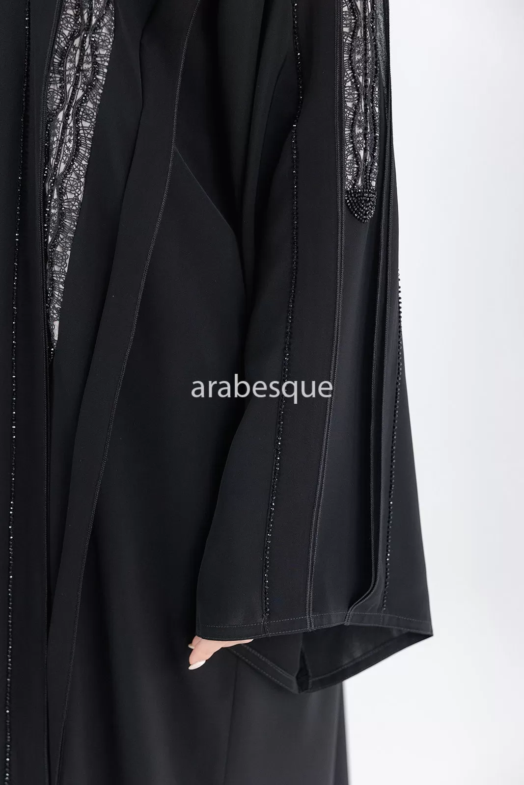 Luxury Black Open Abaya with Diamante and Lace Detailing