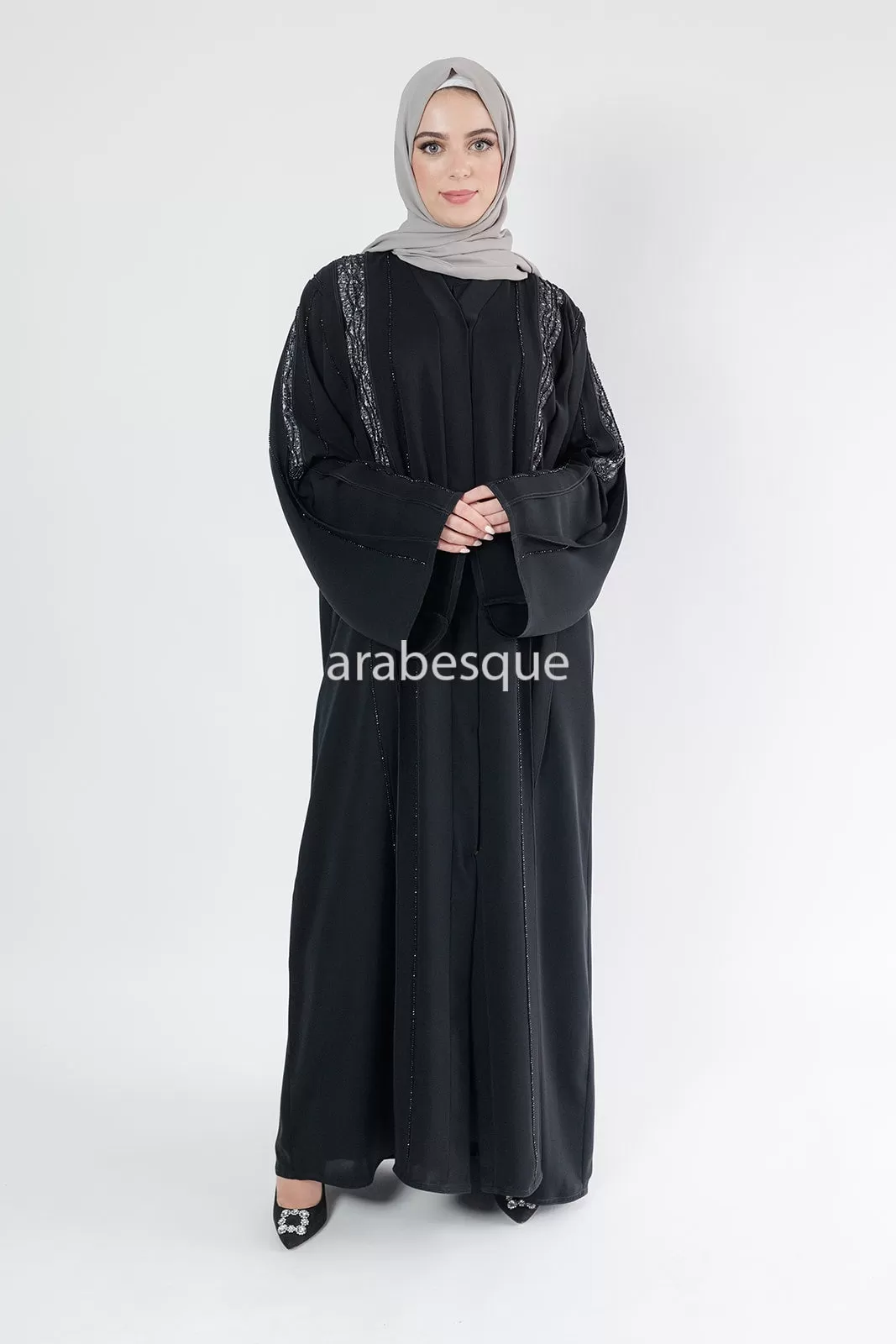 Luxury Black Open Abaya with Diamante and Lace Detailing