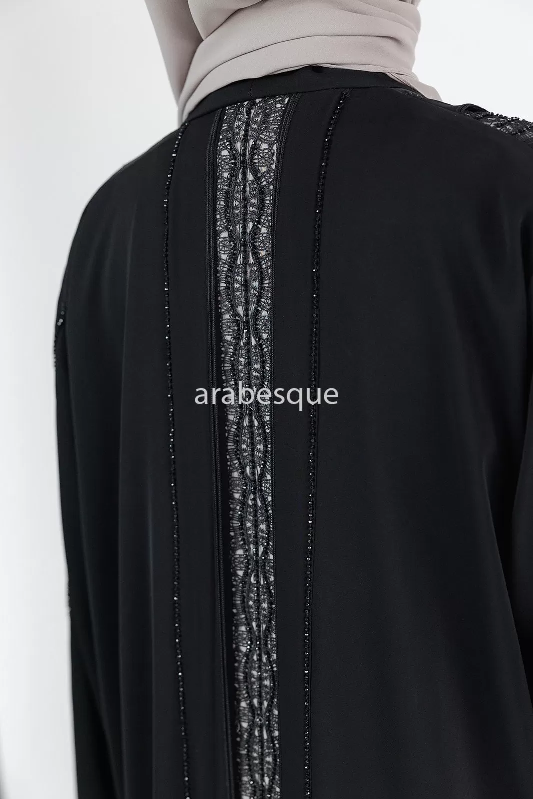 Luxury Black Open Abaya with Diamante and Lace Detailing