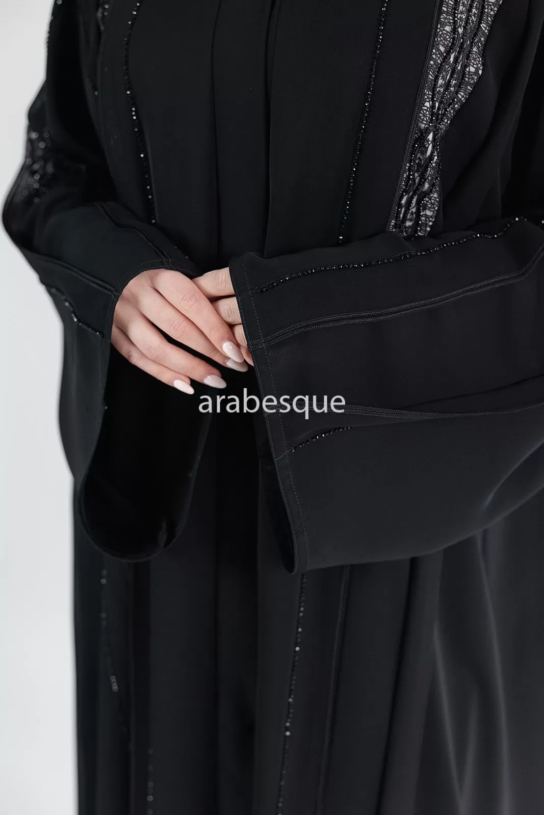 Luxury Black Open Abaya with Diamante and Lace Detailing