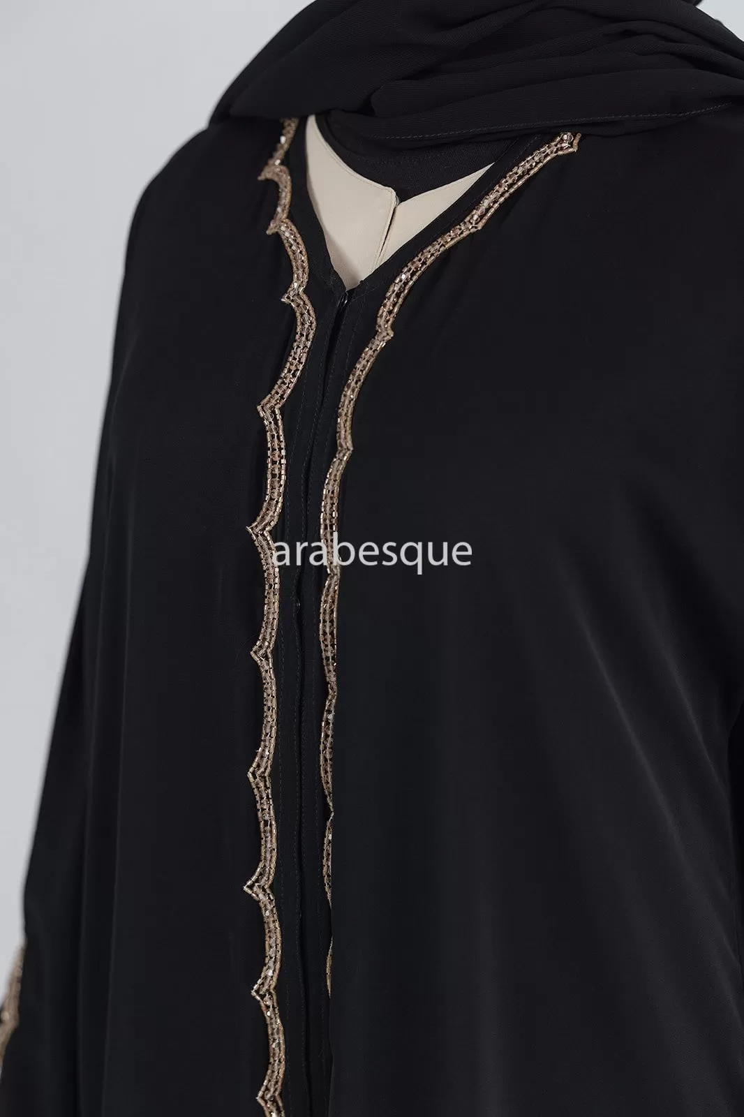 Luxury Embellished Black Open Abaya with Golden Beads