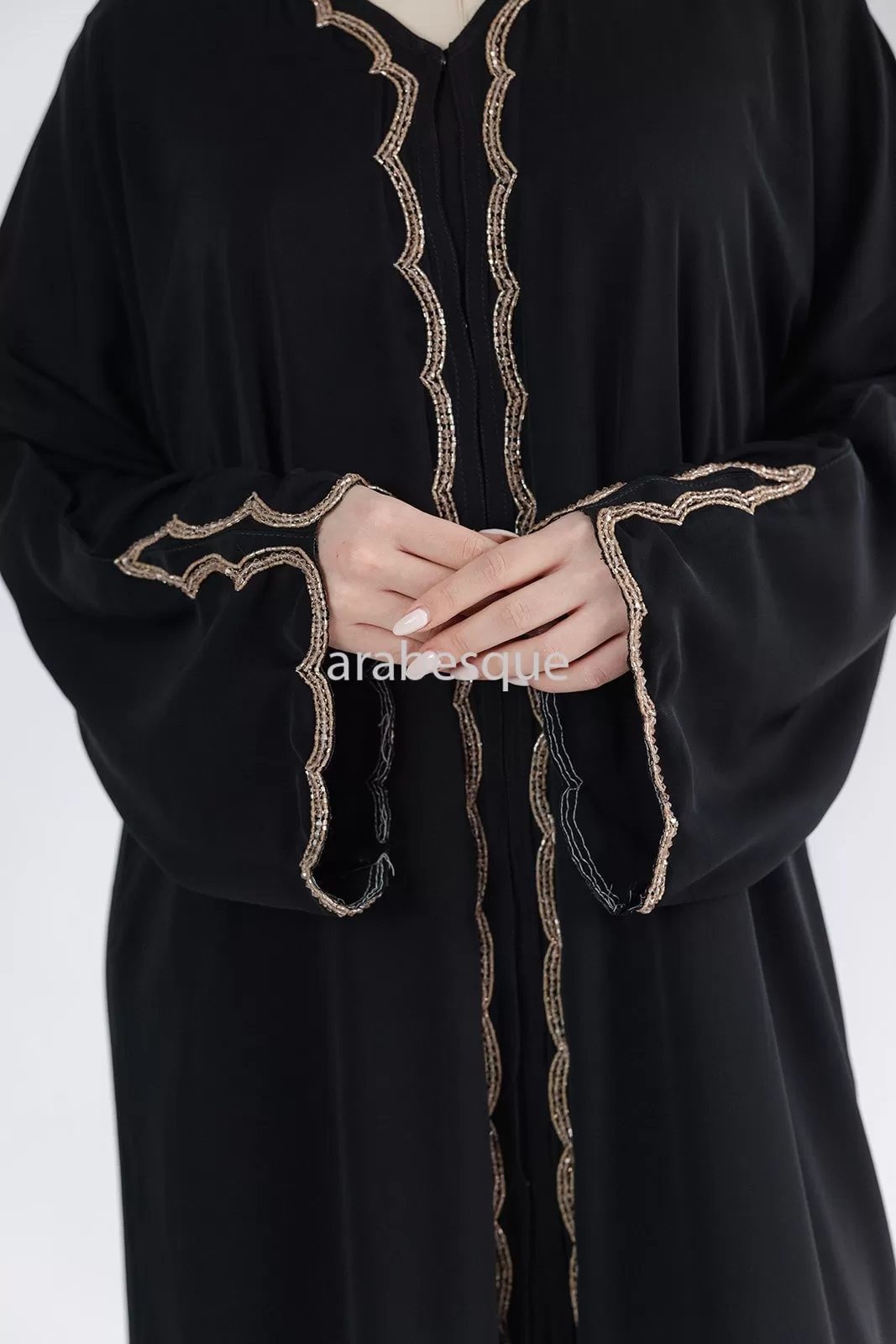 Luxury Embellished Black Open Abaya with Golden Beads