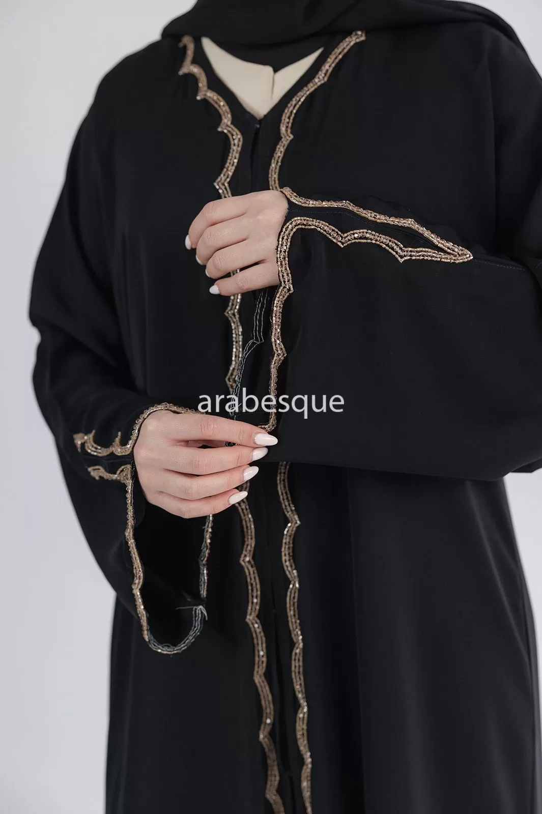 Luxury Embellished Black Open Abaya with Golden Beads