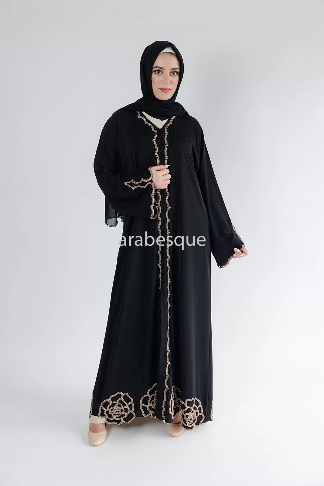 Luxury Embellished Black Open Abaya with Golden Beads