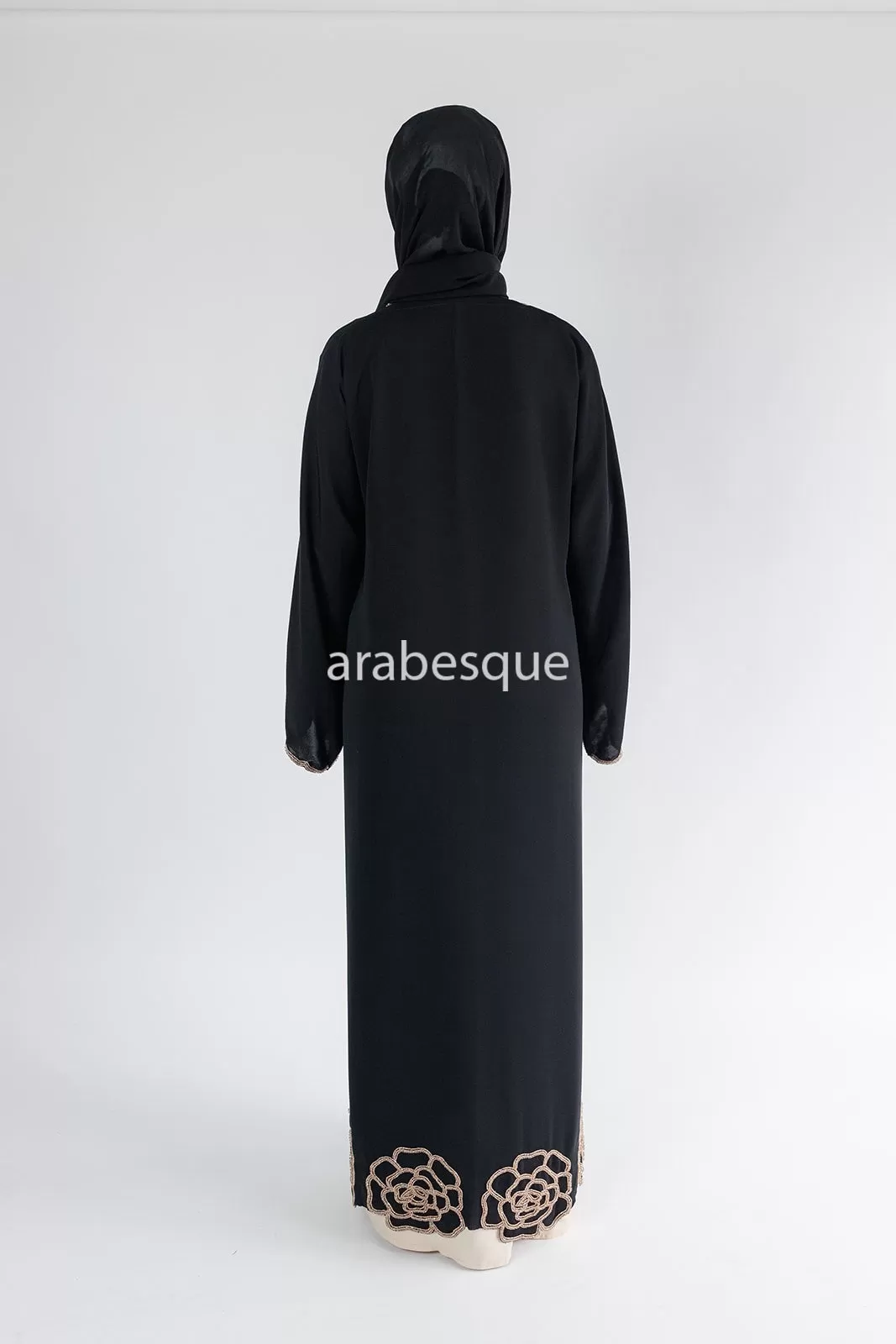 Luxury Embellished Black Open Abaya with Golden Beads