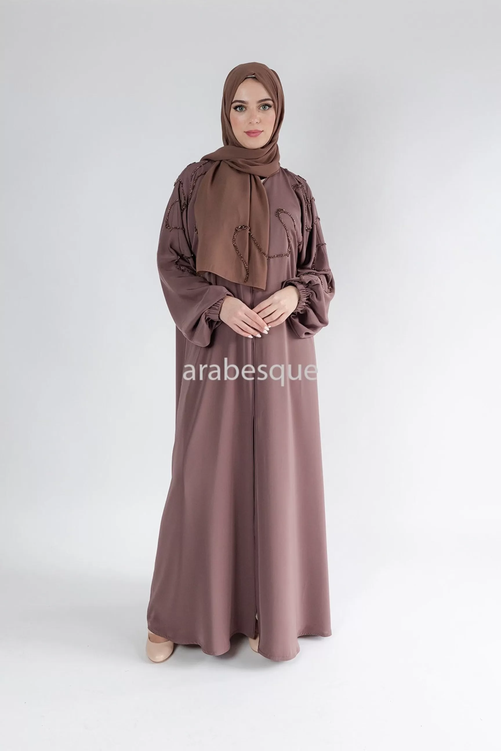 Luxury Taupe Brown Beaded Front Detail Open Abaya with Elastic Sleeve