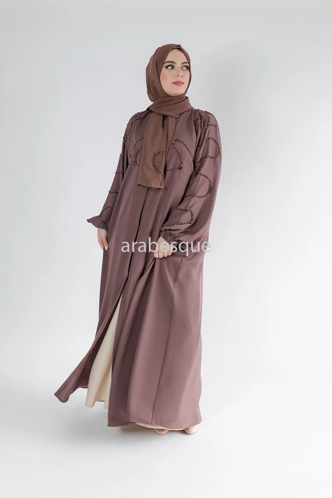 Luxury Taupe Brown Beaded Front Detail Open Abaya with Elastic Sleeve