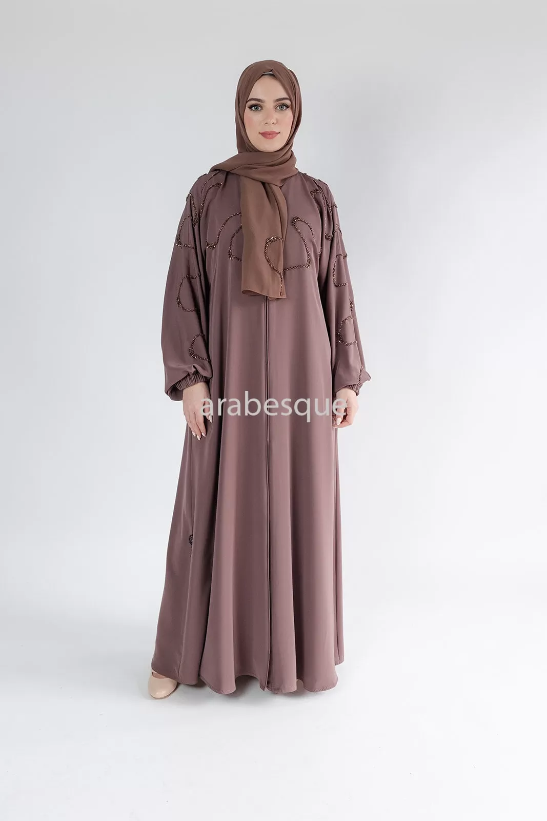 Luxury Taupe Brown Beaded Front Detail Open Abaya with Elastic Sleeve