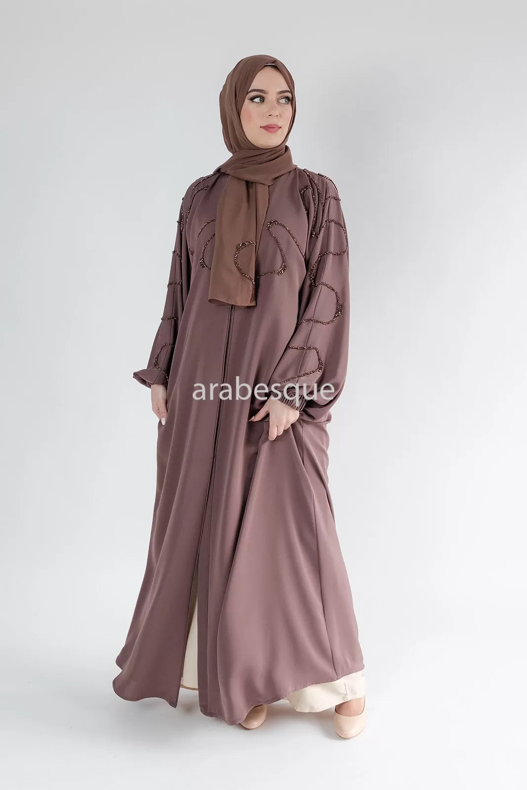 Luxury Taupe Brown Beaded Front Detail Open Abaya with Elastic Sleeve