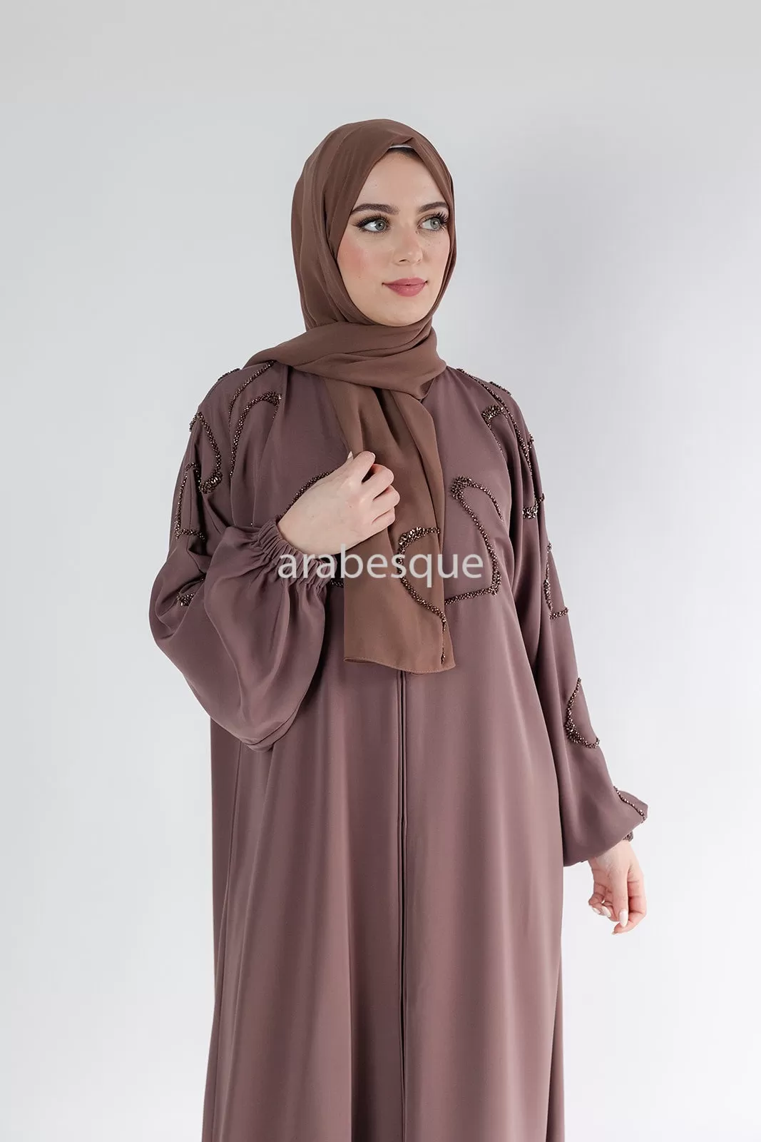 Luxury Taupe Brown Beaded Front Detail Open Abaya with Elastic Sleeve