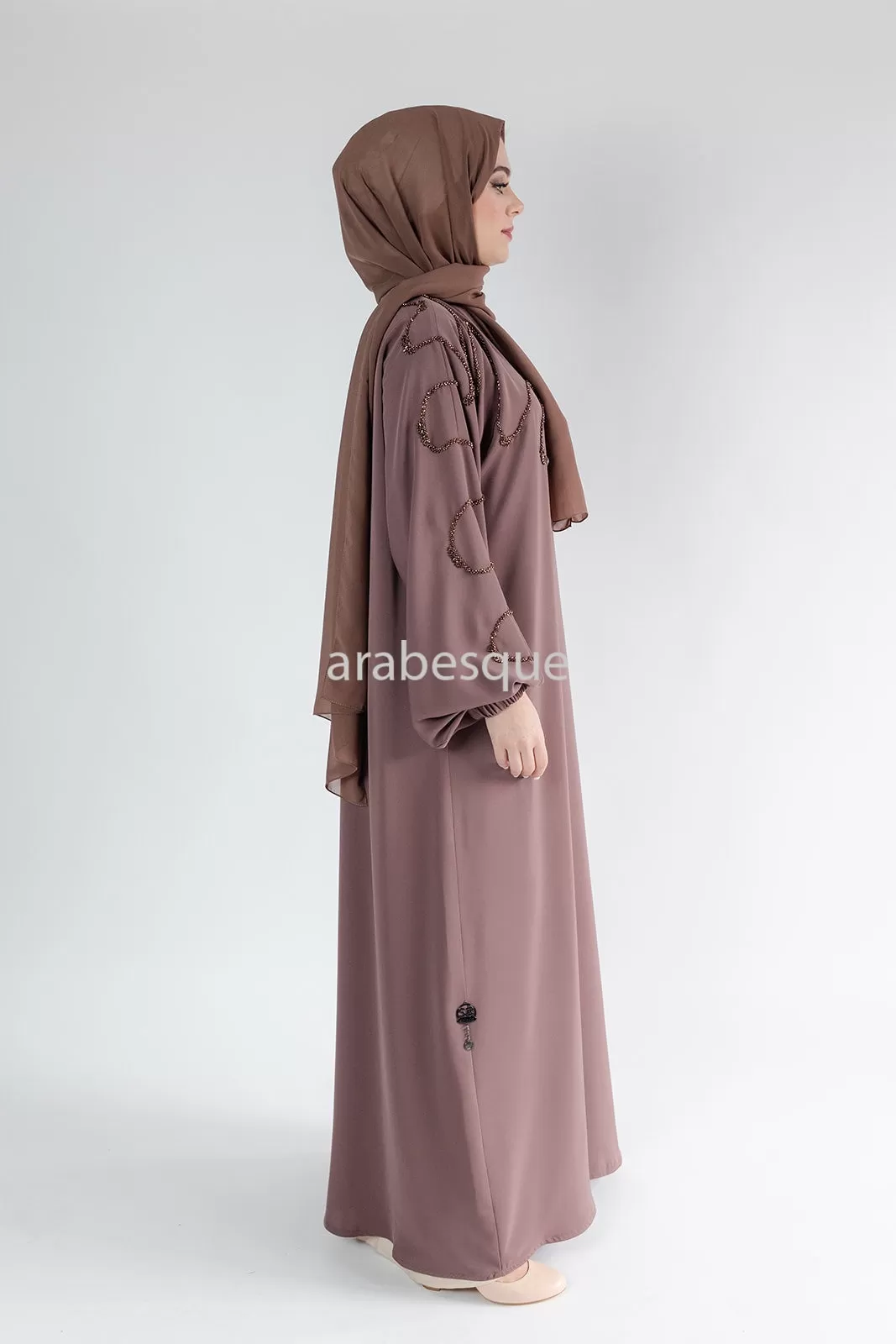 Luxury Taupe Brown Beaded Front Detail Open Abaya with Elastic Sleeve