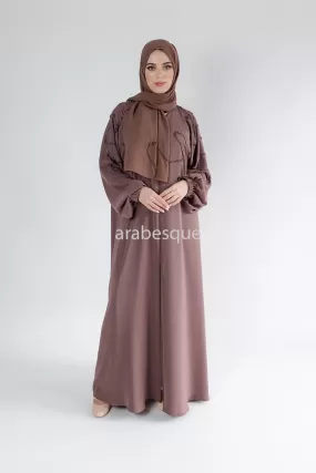 Luxury Taupe Brown Beaded Front Detail Open Abaya with Elastic Sleeve