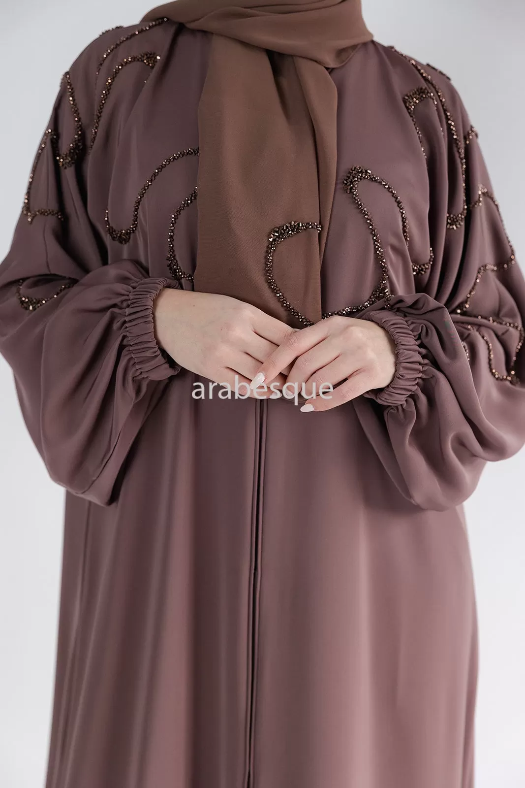 Luxury Taupe Brown Beaded Front Detail Open Abaya with Elastic Sleeve