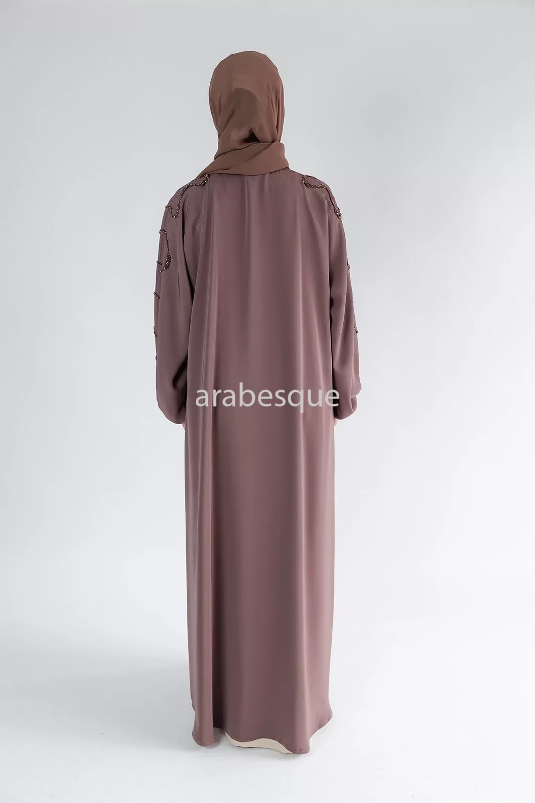 Luxury Taupe Brown Beaded Front Detail Open Abaya with Elastic Sleeve