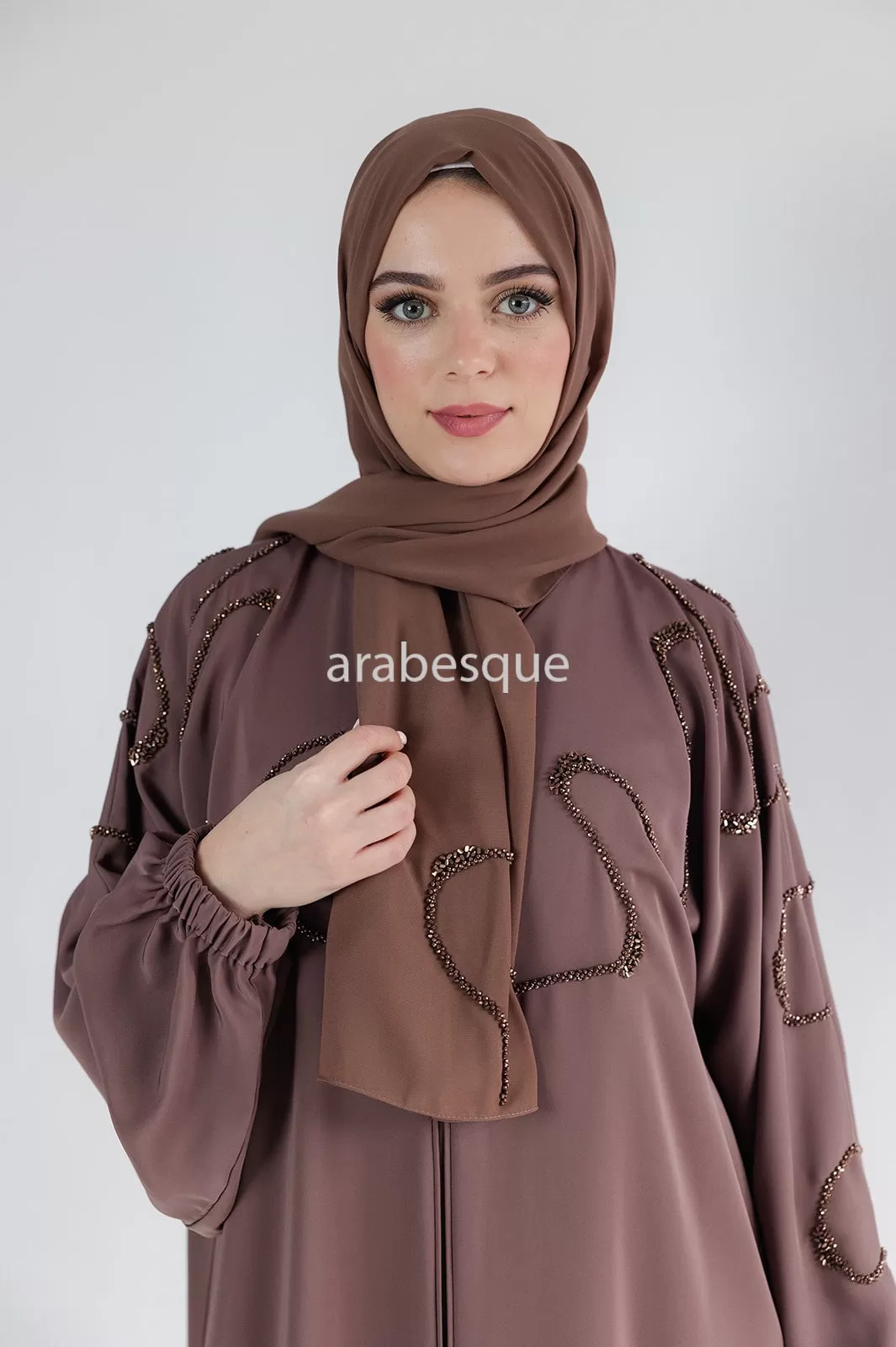 Luxury Taupe Brown Beaded Front Detail Open Abaya with Elastic Sleeve