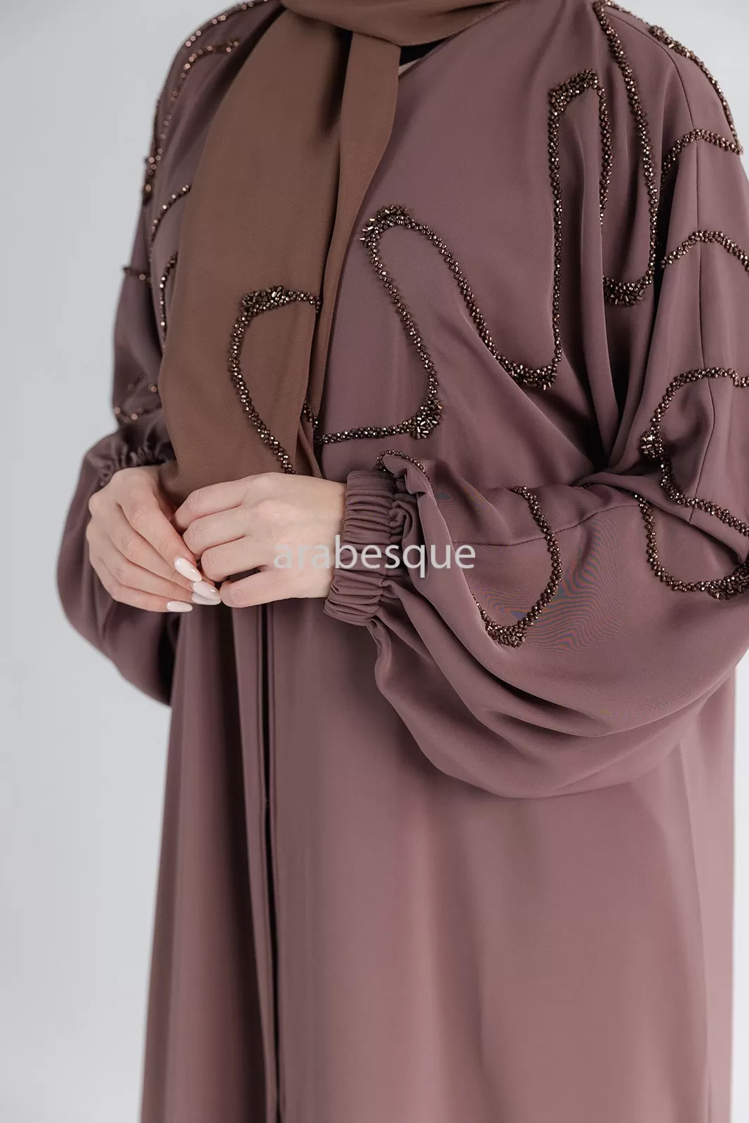 Luxury Taupe Brown Beaded Front Detail Open Abaya with Elastic Sleeve