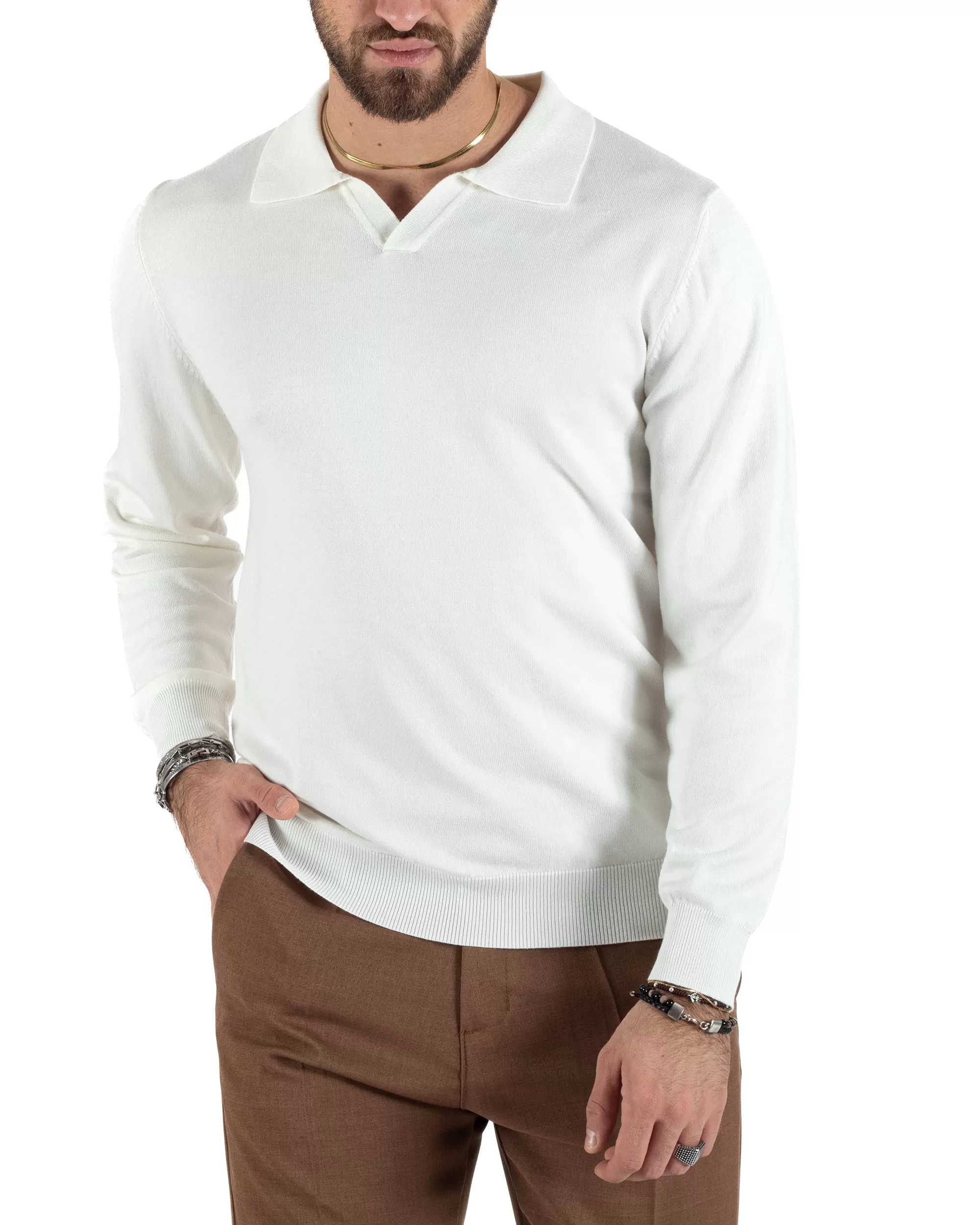 Maglioncino Uomo Casual Maglia Con Colletto Polo Scollo V Tinta Unita Basic Bianco GIOSAL-M2781A