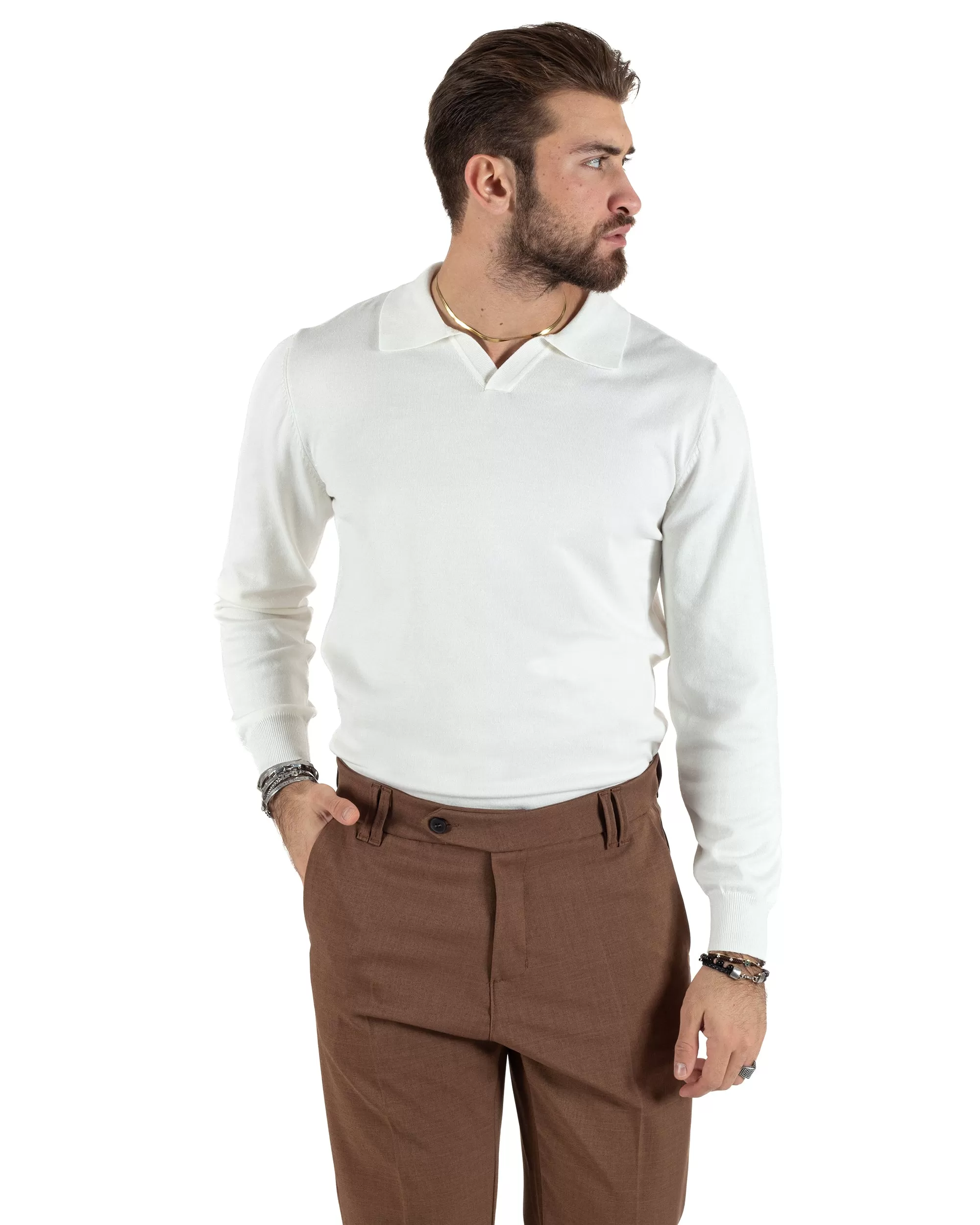 Maglioncino Uomo Casual Maglia Con Colletto Polo Scollo V Tinta Unita Basic Bianco GIOSAL-M2781A