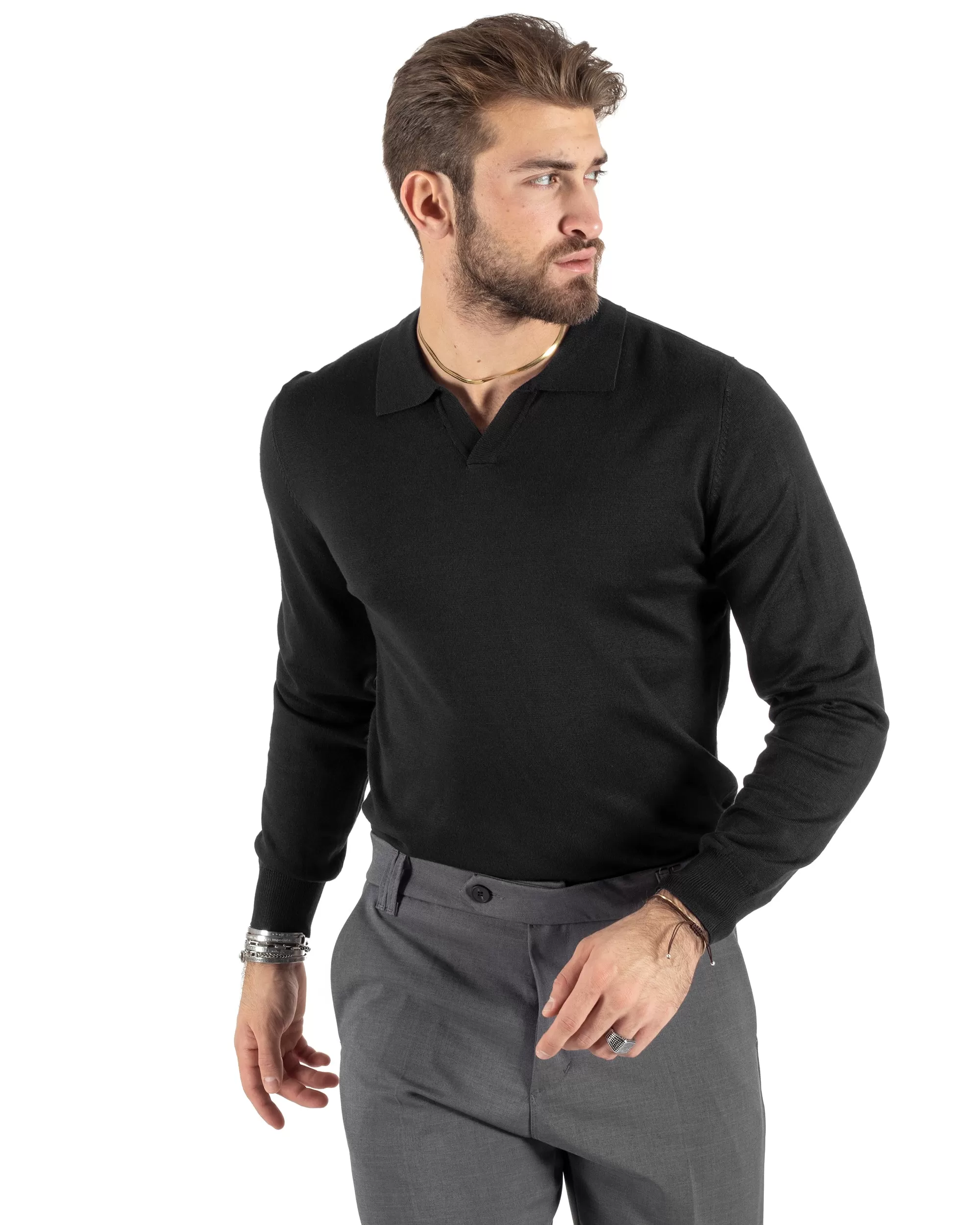 Maglioncino Uomo Casual Maglia Con Colletto Polo Scollo V Tinta Unita Basic Nero GIOSAL-M2784A