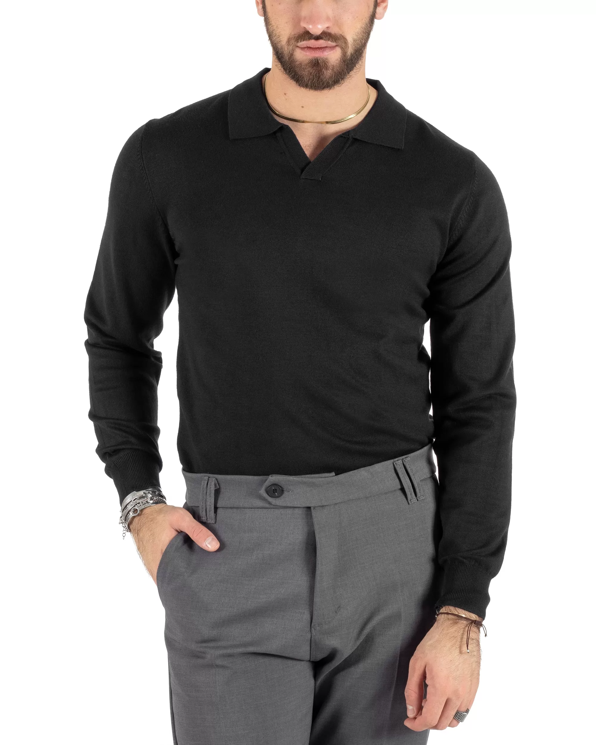 Maglioncino Uomo Casual Maglia Con Colletto Polo Scollo V Tinta Unita Basic Nero GIOSAL-M2784A