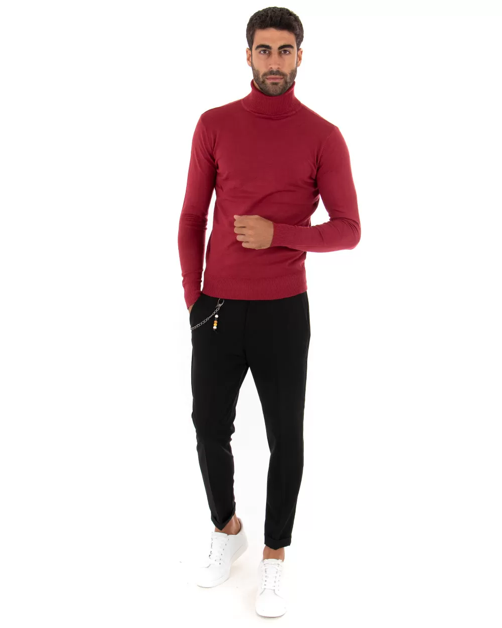 Maglioncino Uomo Maglia Maniche Lunghe Collo Alto Elastico Tinta Unita Bordeaux GIOSAL-M2540A