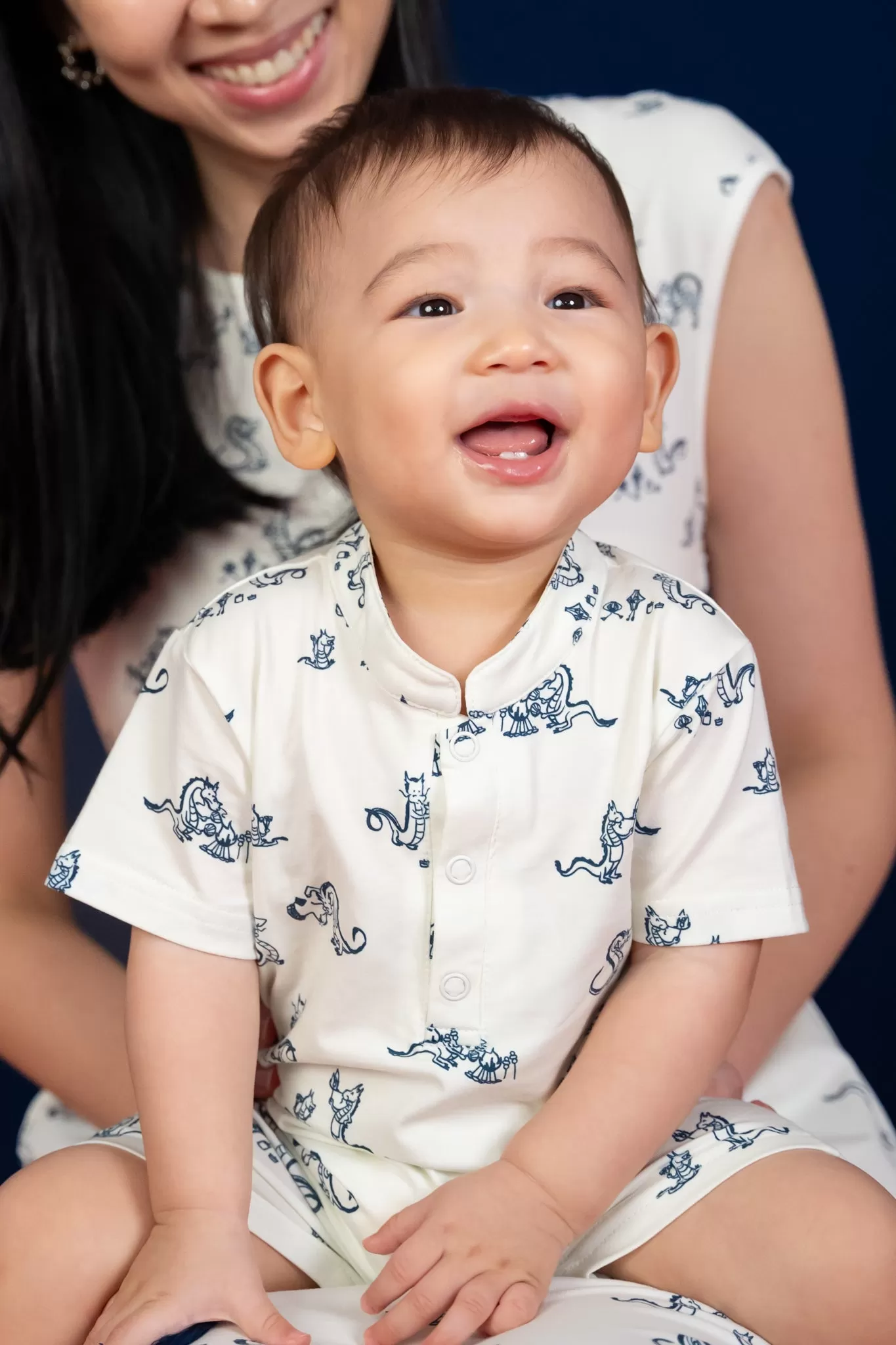 Mandarin-collared Polo Romper - Blue Campfire Dragon