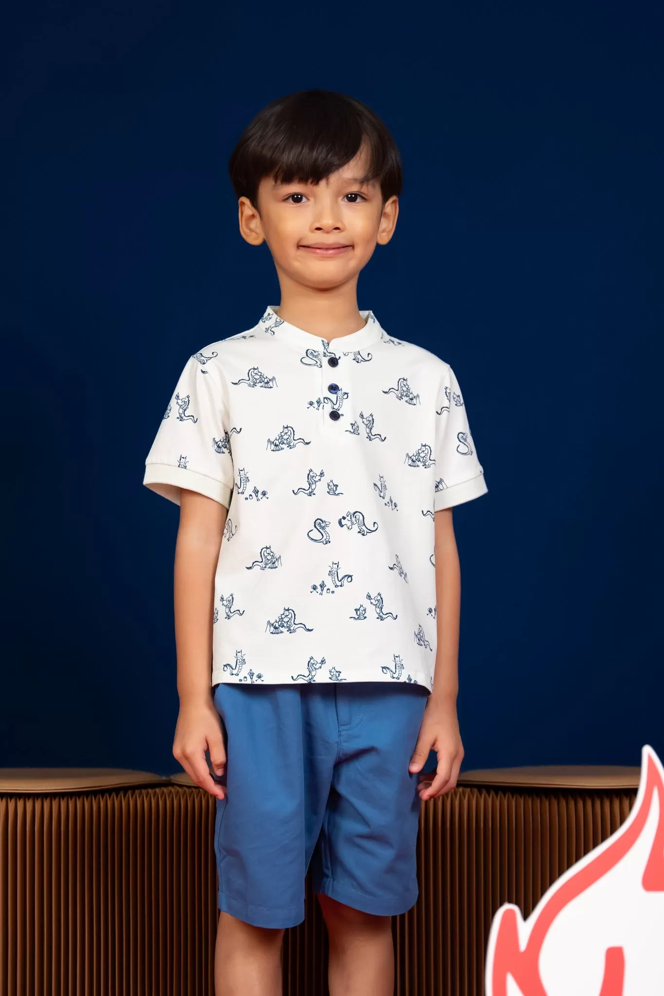 Mandarin-collared Polo Tee - Blue Campfire Dragon