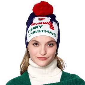 Merry Christmas Message Polar Bear Pom Pom Beanie Hat