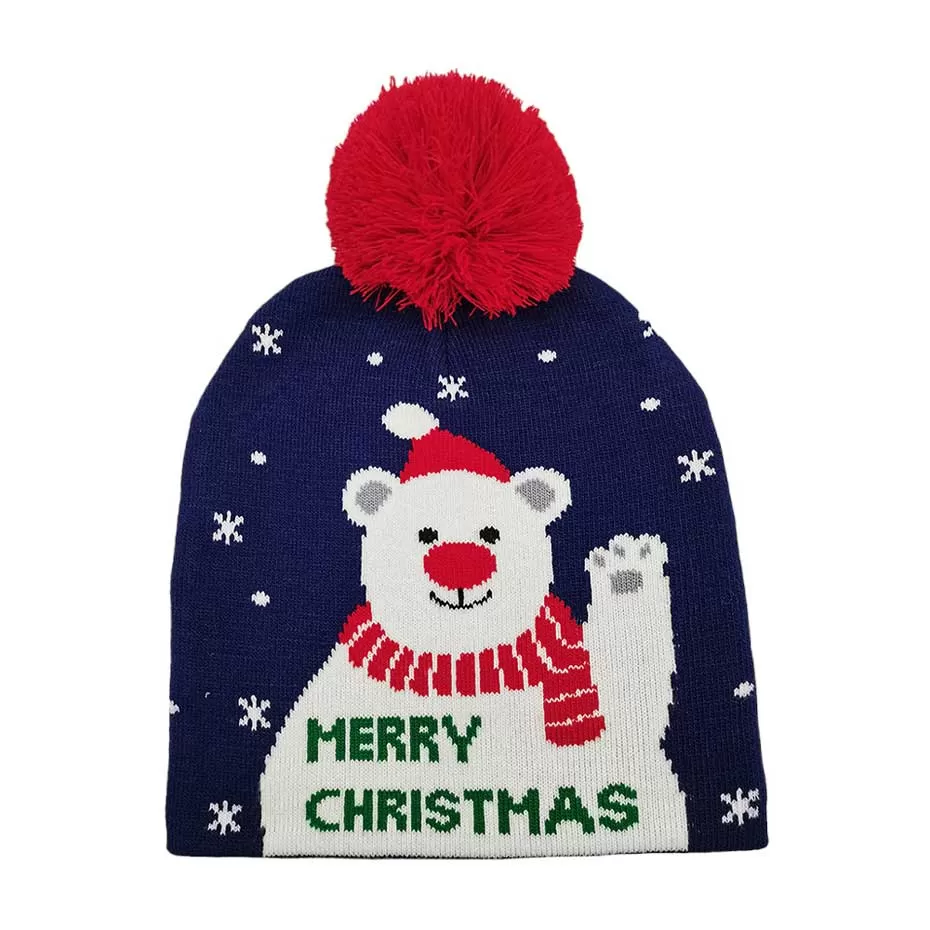 Merry Christmas Message Polar Bear Pom Pom Beanie Hat