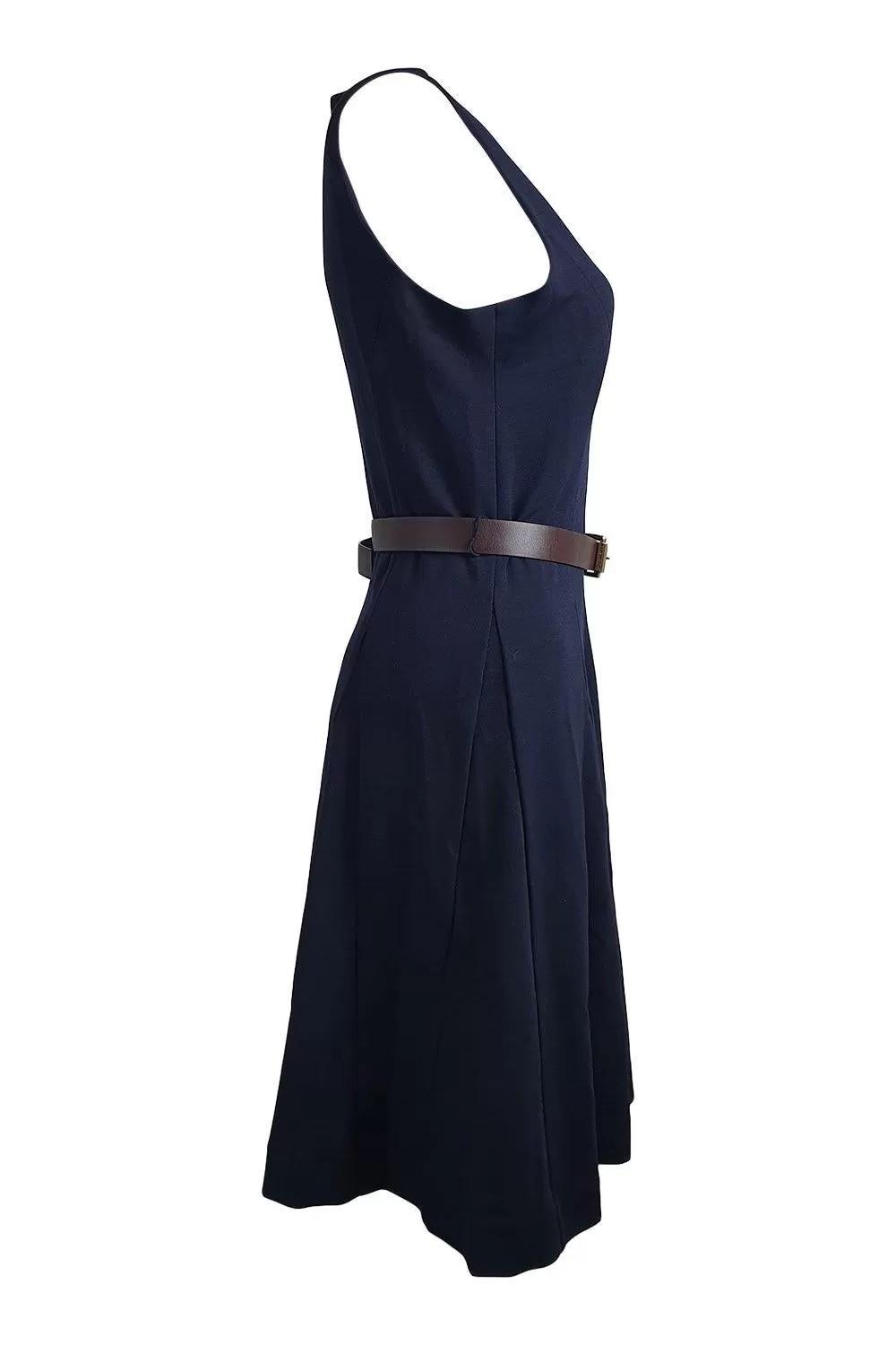 MICHAEL KORS Navy Blue Fit and Flare Belted Sleeveless Dress (6)