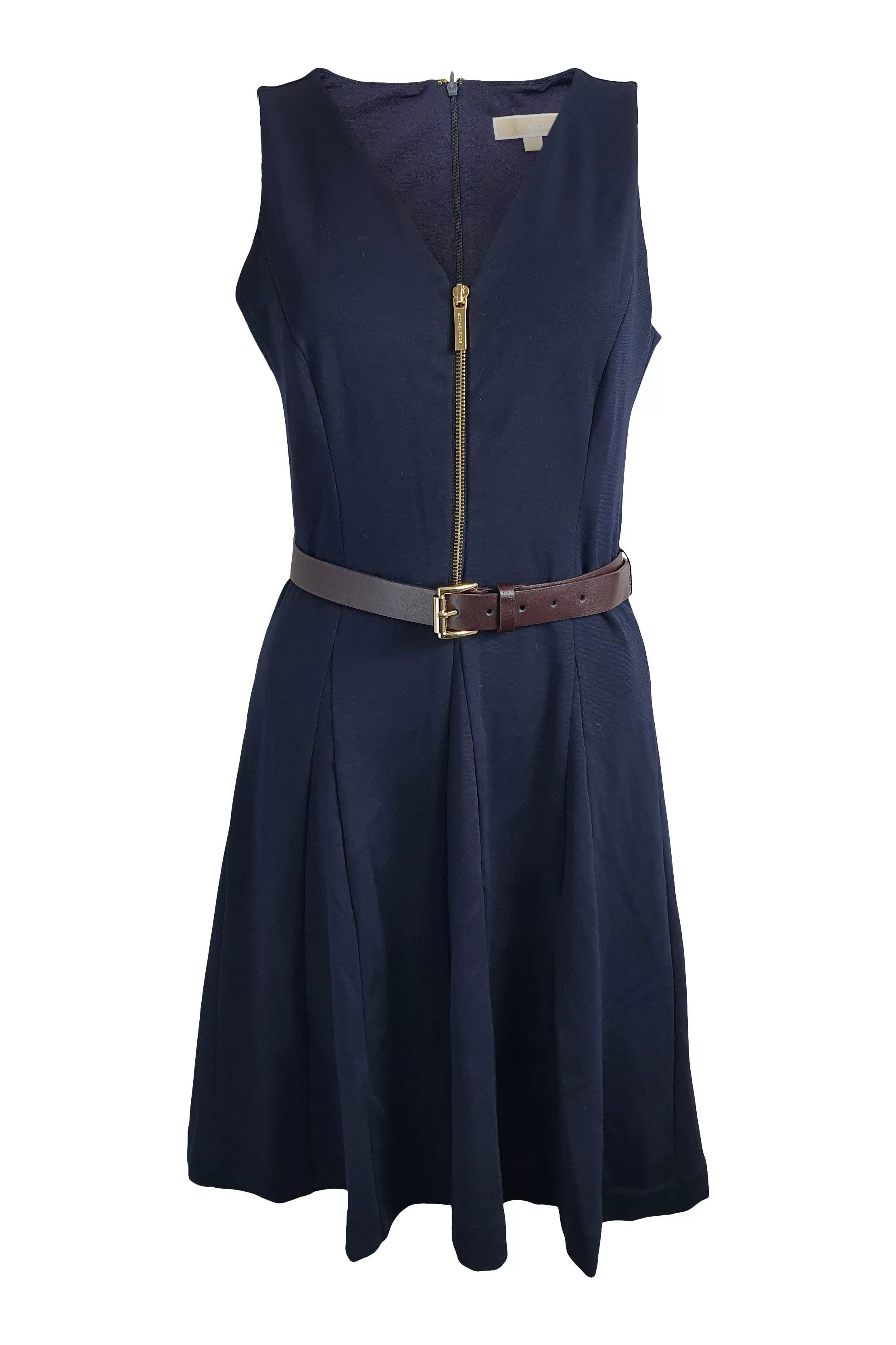 MICHAEL KORS Navy Blue Fit and Flare Belted Sleeveless Dress (6)