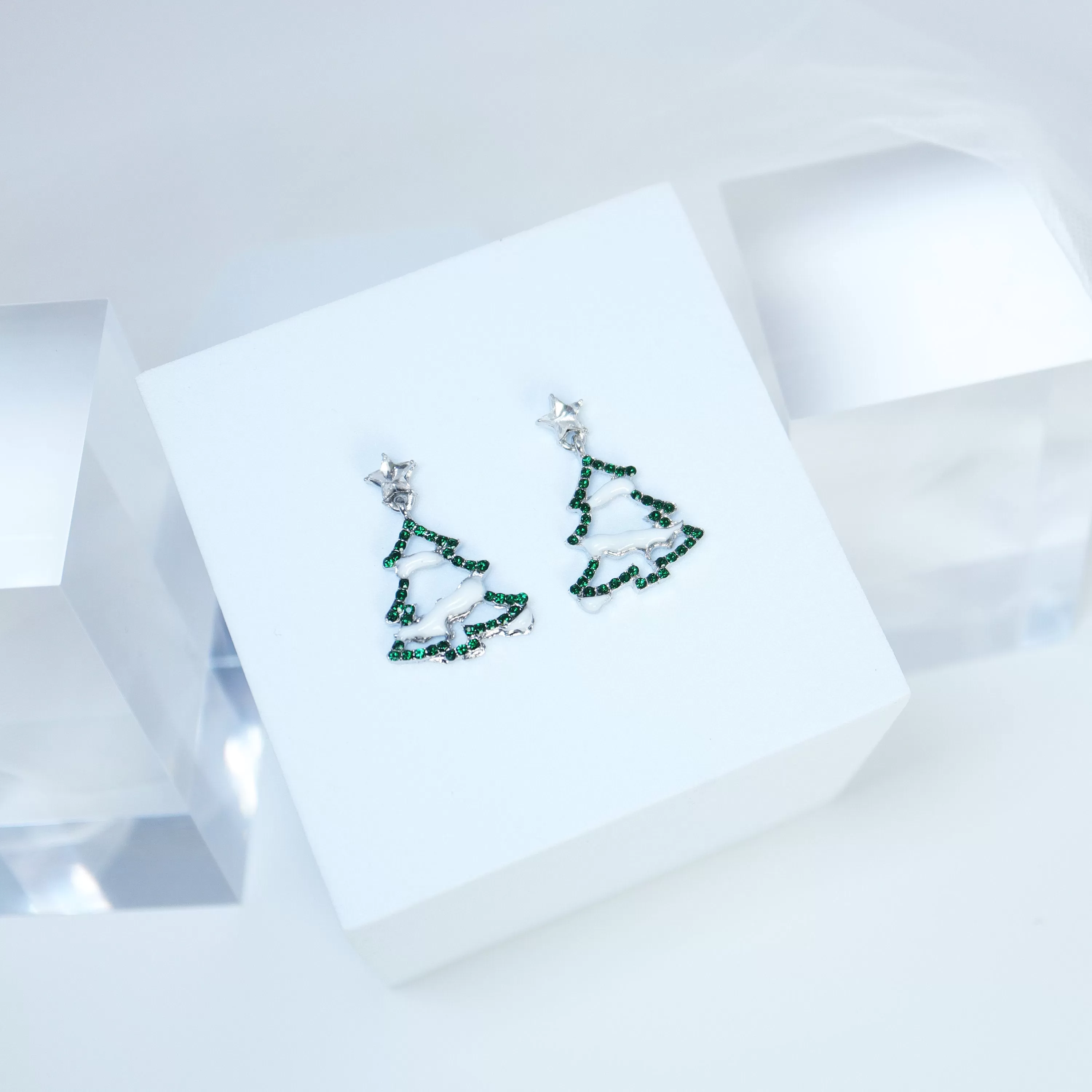 Minimalist Rhinestone Snowy Green Christmas Tree Star Topper Dangle Earrings, Crystal Tree Earring, Statement Christmas Earring.