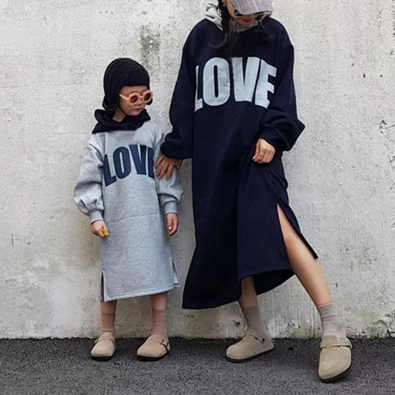 Mommy and Me Solid Color Letter Print Loose Hooded Sweatshirt Dress