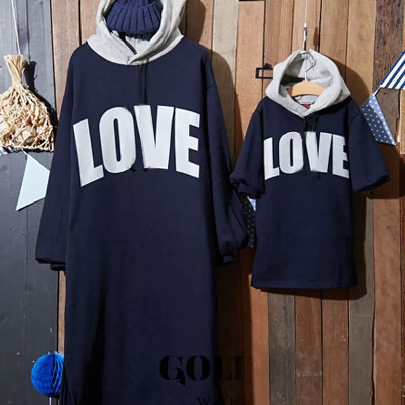 Mommy and Me Solid Color Letter Print Loose Hooded Sweatshirt Dress