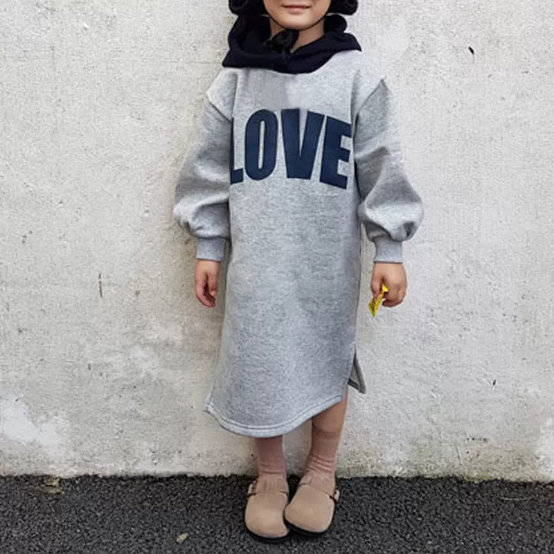 Mommy and Me Solid Color Letter Print Loose Hooded Sweatshirt Dress