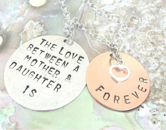 mother daughter, mother daughter necklace, mom, personalized jewelry, the love between a mother and daughter is forever, gifts for mom