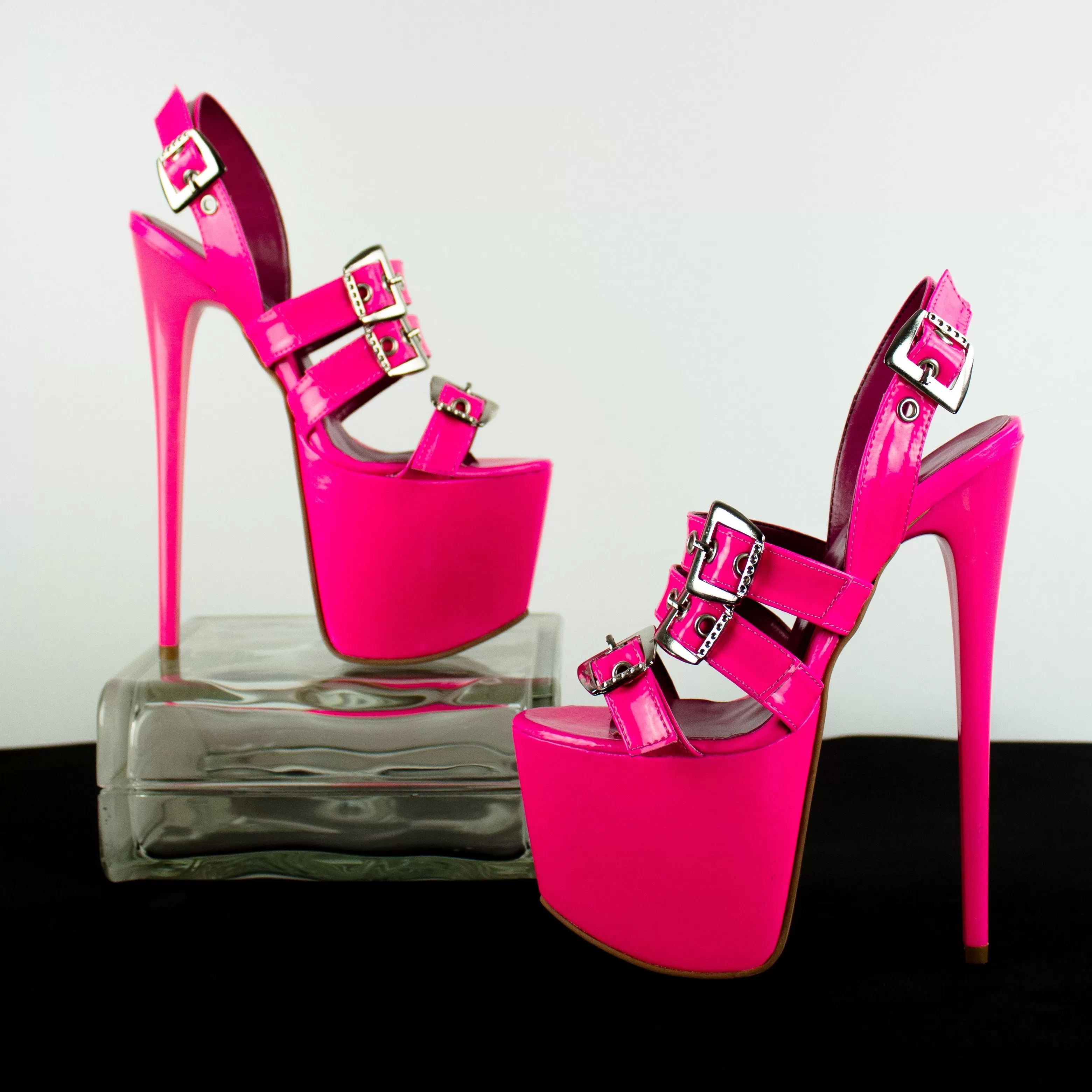 Neon Pink Gloss Multi Belted High Heel Sandals