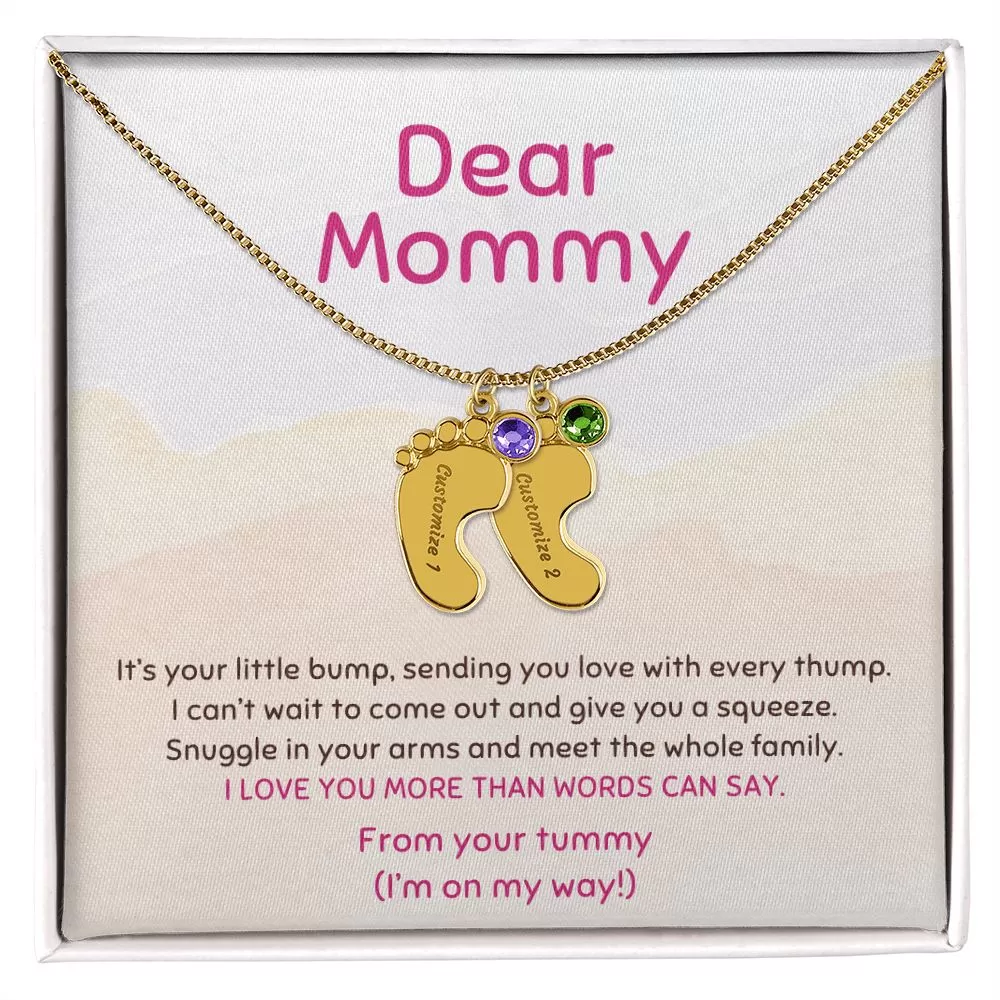 New Mom Gift From the Tummy I'm On My Way Custom Baby Feet Necklace with Birthstone