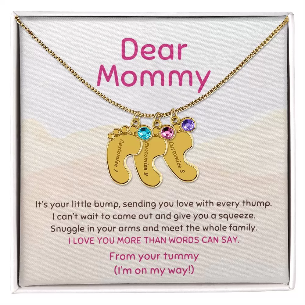 New Mom Gift From the Tummy I'm On My Way Custom Baby Feet Necklace with Birthstone