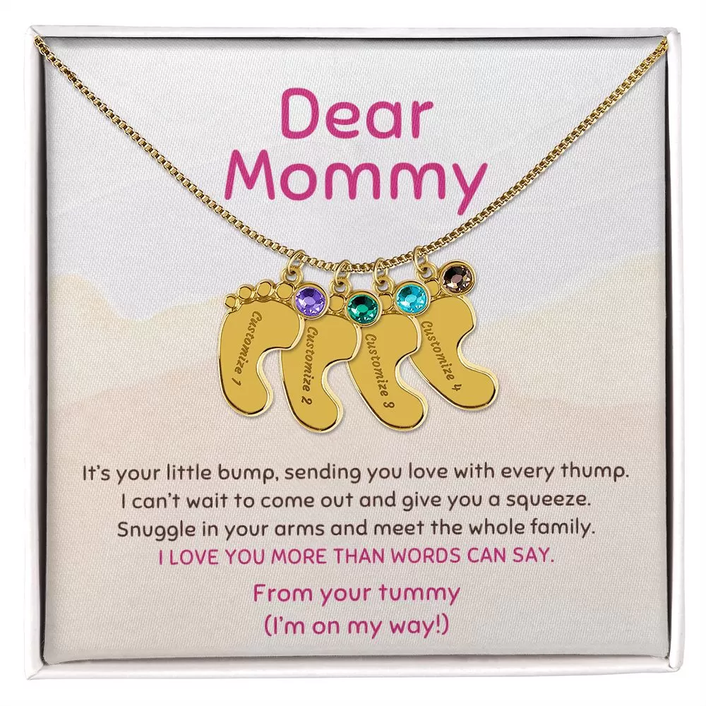 New Mom Gift From the Tummy I'm On My Way Custom Baby Feet Necklace with Birthstone