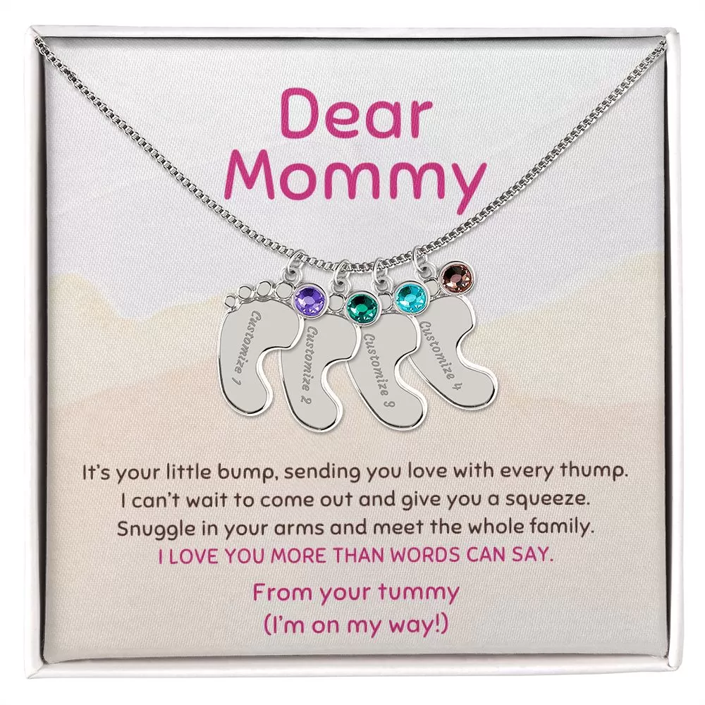 New Mom Gift From the Tummy I'm On My Way Custom Baby Feet Necklace with Birthstone