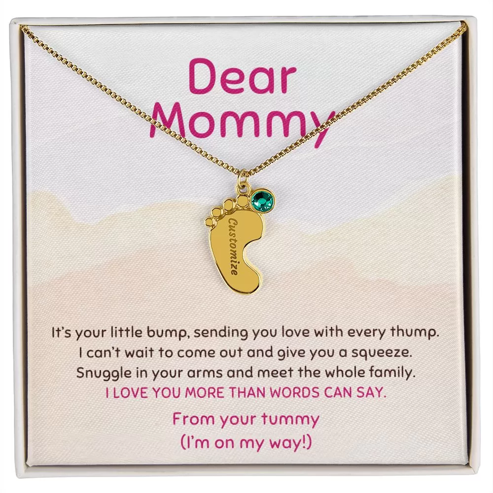 New Mom Gift From the Tummy I'm On My Way Custom Baby Feet Necklace with Birthstone