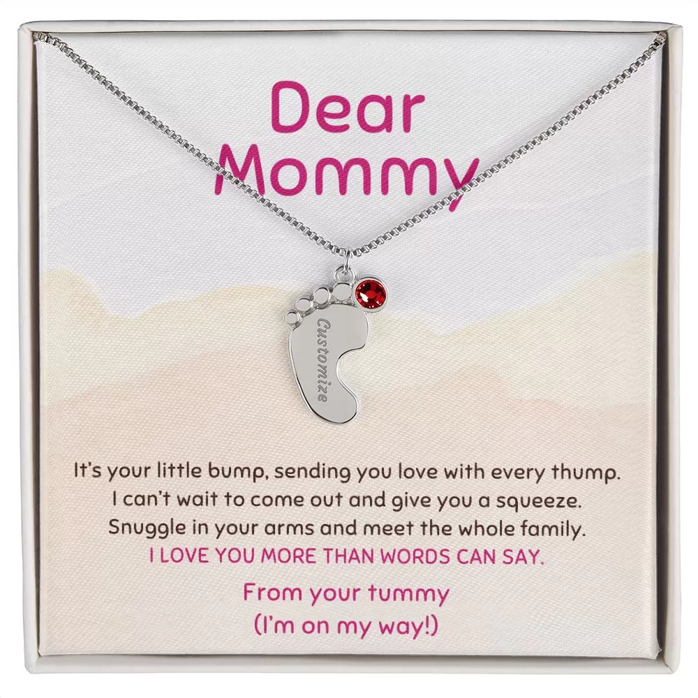 New Mom Gift From the Tummy I'm On My Way Custom Baby Feet Necklace with Birthstone