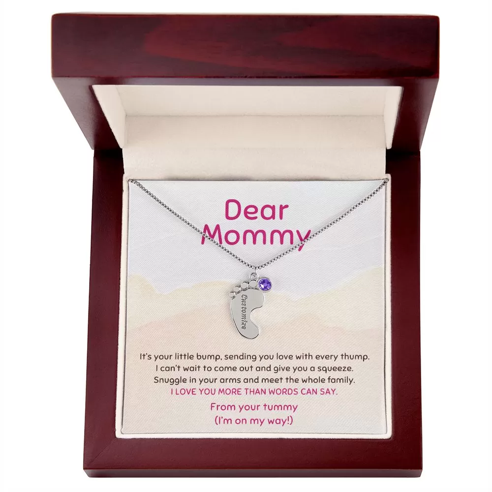 New Mom Gift From the Tummy I'm On My Way Custom Baby Feet Necklace with Birthstone