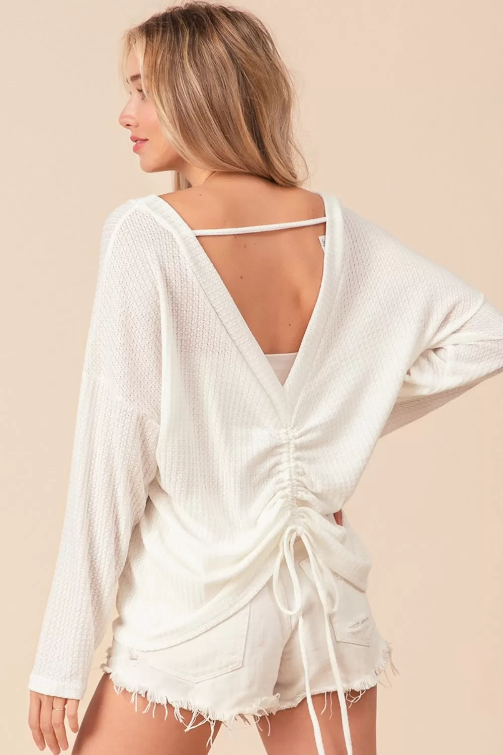 Off White Waffled Backless Drawstring T-Shirt