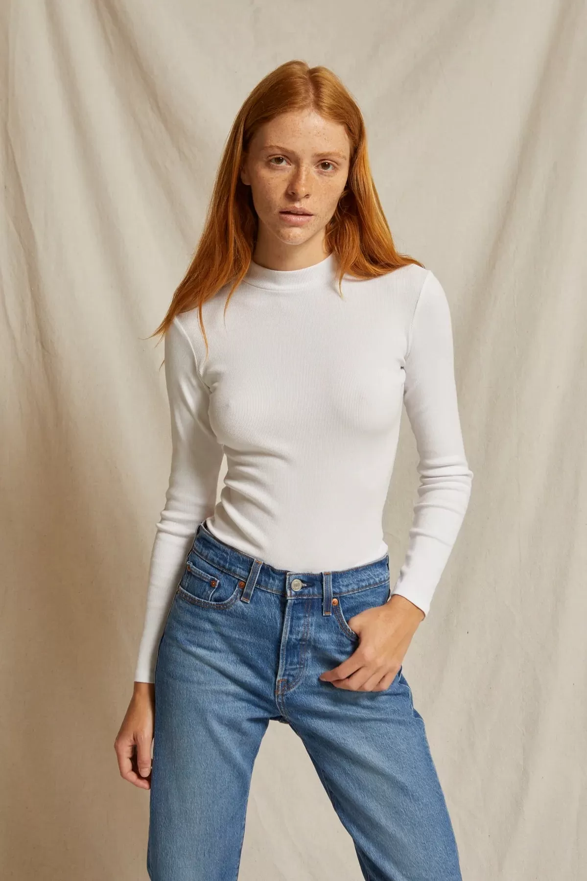 Perfect White Tee | Lauryn-White- Mock Neck Long Sleeve