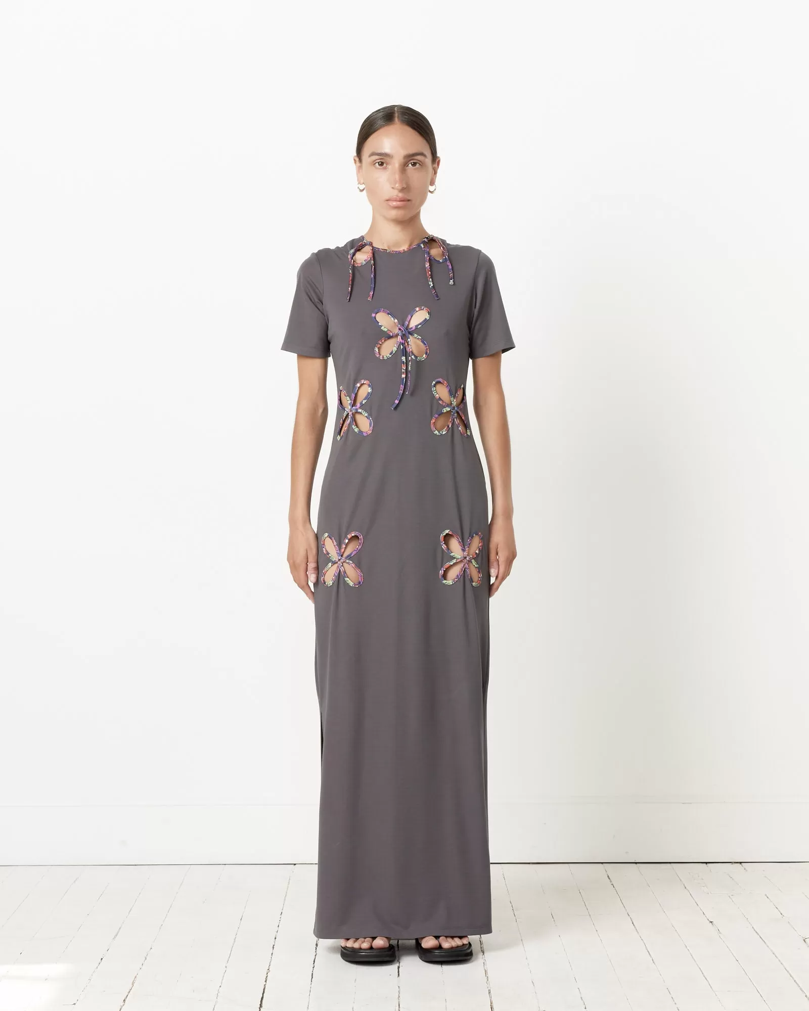 Petal Edged Flowers Dress in Dark Grey