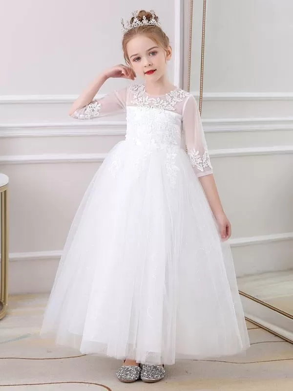 Pink Flower Girl Dresses Jewel Neck Half Sleeves Ankle-Length Lace Princess Silhouette Bows Formal Kids Pageant Dresses