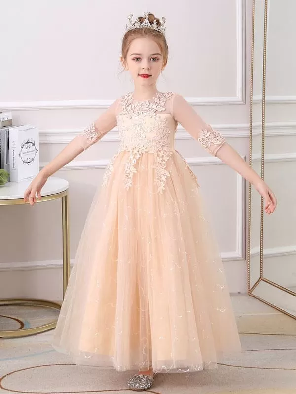 Pink Flower Girl Dresses Jewel Neck Half Sleeves Ankle-Length Lace Princess Silhouette Bows Formal Kids Pageant Dresses