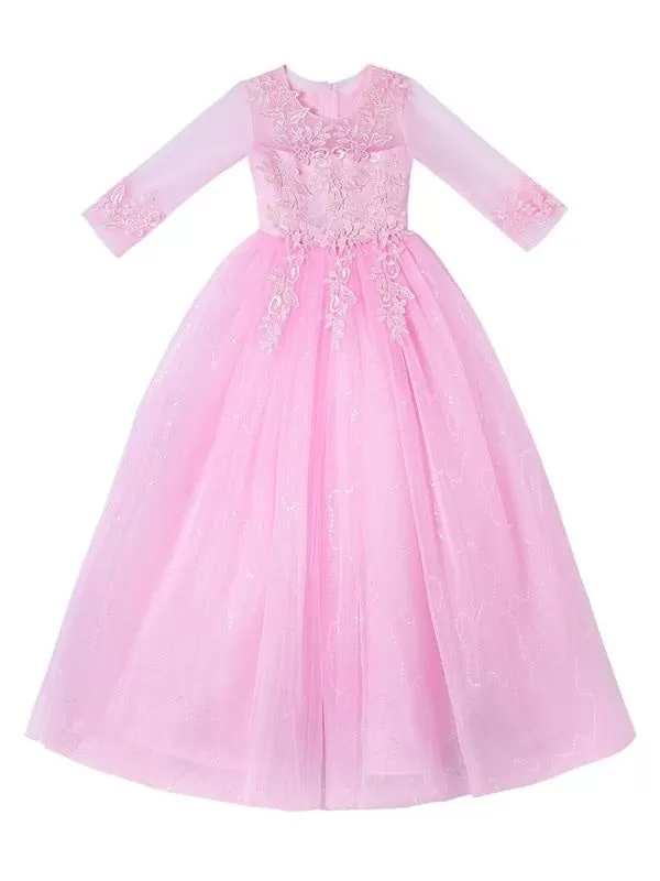 Pink Flower Girl Dresses Jewel Neck Half Sleeves Ankle-Length Lace Princess Silhouette Bows Formal Kids Pageant Dresses